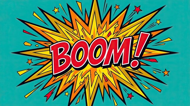 Comic book style explosion with the word boom in vibrant colors on teal background