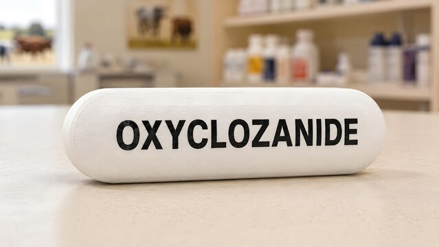 Large white veterinary bolus labeled with oxyclozanide on a clinic