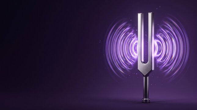 Steel tuning fork with glowing purple neon sound wave concept, deep dark violet background for world mental health day and sound therapy banner template with copy space