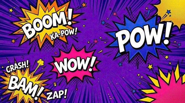 Vibrant comic book style explosions with action words on a purple background