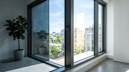 Fototapeta premium Modern apartment interior with large glass and city view showing buildings and potted plant interior design living room building facade real estate window pane urban view window frame property