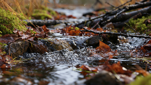 Close view of a small mountain stream flowing through stones and autumn leaves, crystal-clear water, subtle reflections, fallen branches and moss, natural imperfect composition,