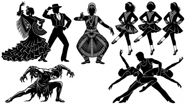 Diverse World Dance Styles Silhouette Collection Featuring Flamenco, Bharat Nathan, Irish Dance, and Contemporary Couples