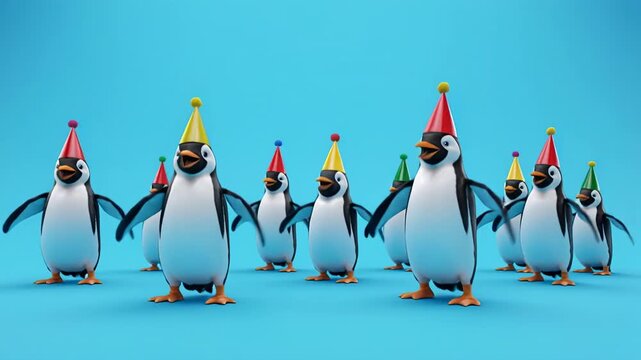 Happy penguins dancing in a line with party hats against a bright blue background with cinematic motion