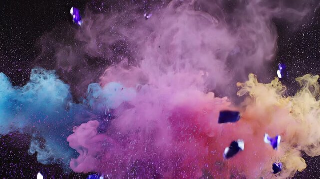 Purple crystal exploding with vibrant colored powder clouds against a dark background in cinematic motion