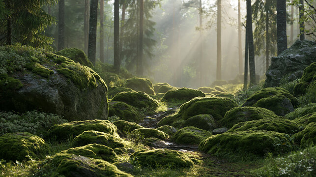 Photorealistic misty forest at sunrise after overnight rain, wet moss-covered stones, narrow trail disappearing between tall trees, soft golden light filtering through fog,