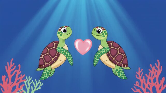 Two sea turtles facing each other holding hearts in underwater sunbeams with coral