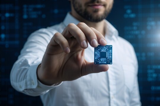 Man holding glowing circuit board symbolizing AI technology integration in modern business practices.