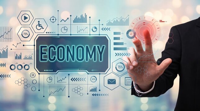 Businessman touching economy dashboard with financial growth charts