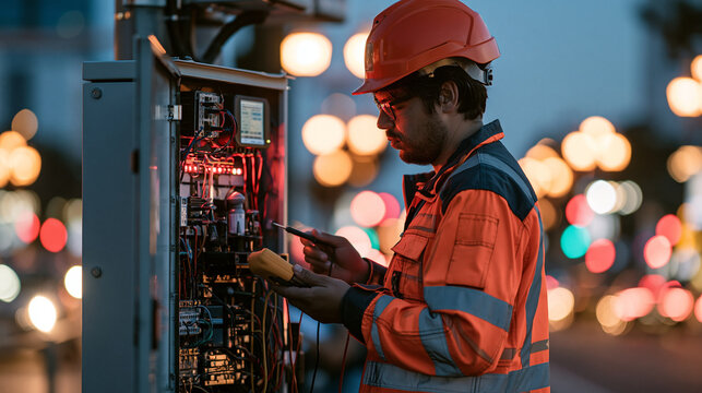 Electrical engineer inspecting an open streetlight control cabinet beside a city avenue at dusk, testing connections with handheld instrument, glowing lamps in background,