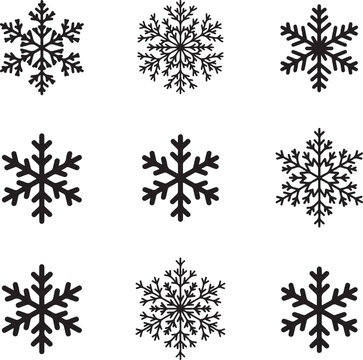 Snowflake silhouette collection for winter season featuring various crystal shapes and frozen patterns for seasonal decorations.