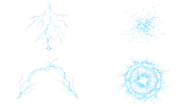 Electric blue lightning bolts and plasma sparks set, glowing energy discharge elements on white, 4 power effects for design