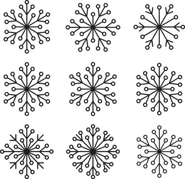 Minimalist geometric snowflakes set with linear branches and circular tips showing modern abstract winter holiday symbol styles.