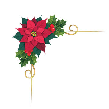 Christmas poinsettia flower, holly leaves and berries. festive corner frame decoration. seasonal plant drawing.