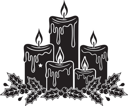 Set of four candles with drippy wax and holly leaves and berries on transparent background.