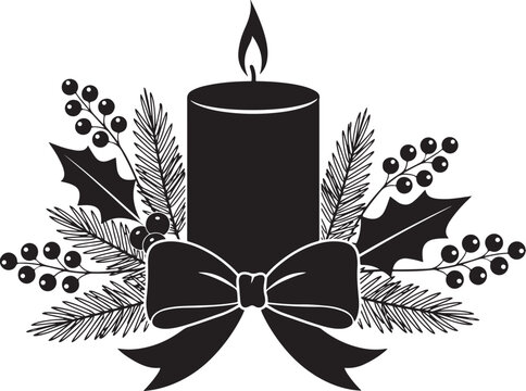 Christmas candle silhouette icon black flat festive symbol with fir branches and berries isolated on transparent background.