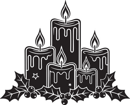 Arrangement of four drippy candles surrounded by holly leaves and berries on transparent background.