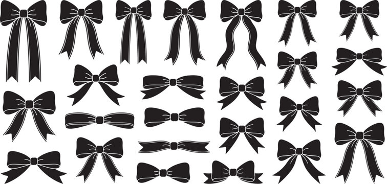 Collection of elegant black ribbon bows for festive decorations or craft projects perfect for gift wrapping and celebratory occasions set.