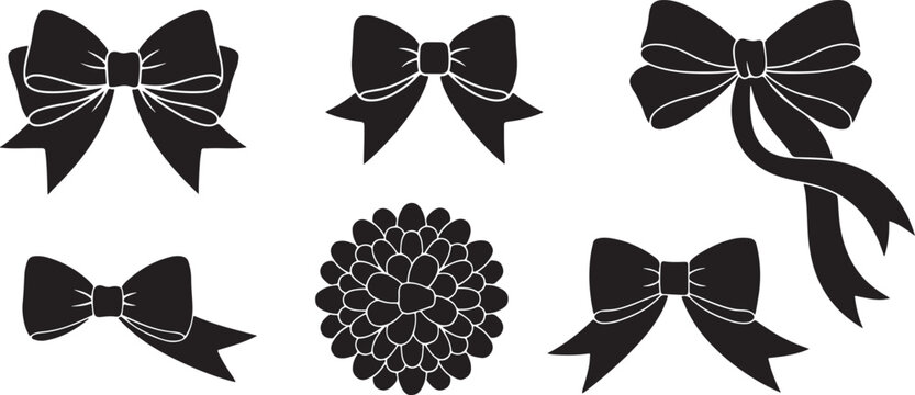 Set of assorted black decorative bows and intricate floral shape for beautiful gift wrapping projects or elegant textile apparel accents.