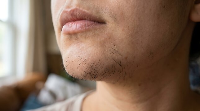 Person's chin and mouth show early stages of facial hair growth, highlighting individual grooming choices and natural skin texture.