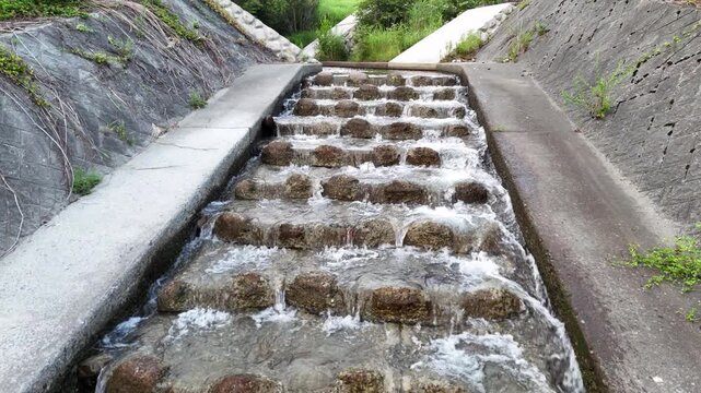 Water flows over concrete steps in a narrow channel. Stone walls flank the water's path. Green grass grows between the concrete. The scene is peaceful and natural. Ideal for nature, agriculture