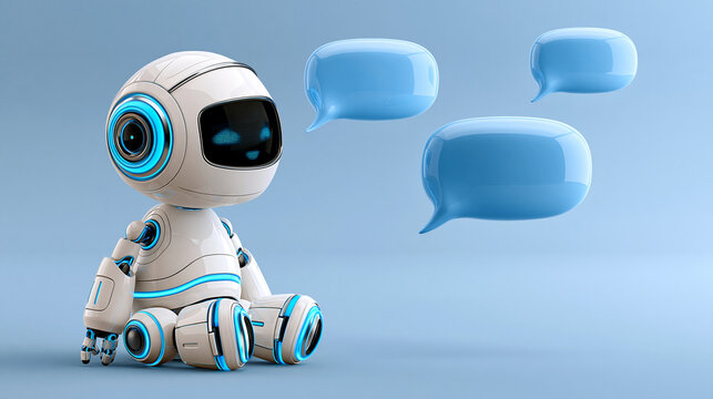 Friendly robot with glowing blue accents and expressive digital face surrounded by speech bubbles, AI conversation, chatbot technology, communication assistant, modern digital