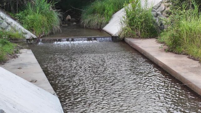 Water flows gently over concrete structures. Rushes through narrow channels bordered by green grass. Concrete walls guide water with controlled motion. Natural textures blend with manmade edges