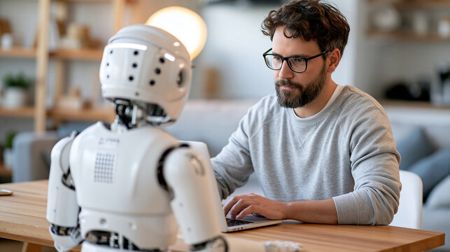 Friendly humanoid robot helping a man work on a laptop in a cozy smart home, artificial intelligence assistant, remote productivity, human AI collaboration, future technology,