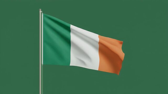 Irish tricolor flag waving in wind against solid green background for national celebration or event