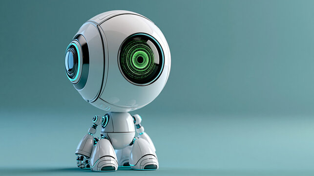 Compact round humanoid robot with a glowing green digital eye, futuristic artificial intelligence character, smart assistant, robotics technology, minimal cyber design, with copy