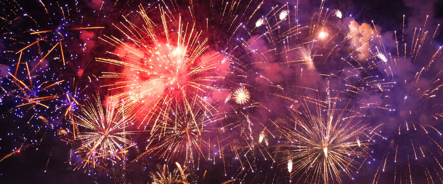 Purple Firework celebrate anniversary happy new year 2024, 4th of july holiday festival. Purple firework in night time celebrate national holiday. Violet firework Countdown to new year 2024 festival