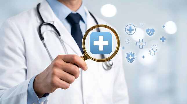 Doctor holding a magnifying glass with medical icons for healthcare concepts