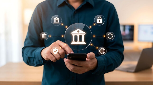 Man using mobile banking app with digital interface icons and security features