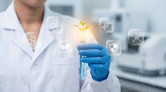 Scientist holding test tube with plant sprout and digital science graphics
