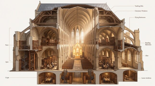 Detailed architectural cutaway of a gothic cathedral converted into a multi-level library