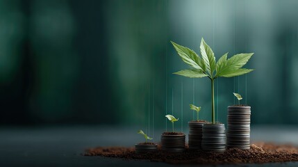 Obraz premium Growth of a Green Plant on Stacked Coins with Blurred Background Symbolizing Financial Prosperity and Sustainability