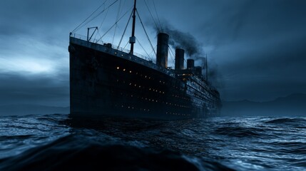 Fototapeta premium A solitary steamship resting motionless on a dark distant horizon, with faint amber porthole lights glowing in the cold night air.