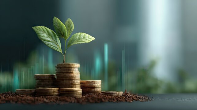 Growth and Prosperity Concept with Green Plant Emerging from Coins in Modern Financial Environment
