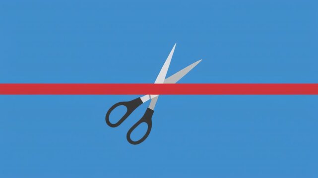 Scissors cutting red ribbon on blue background with cinematic motion for opening ceremony concept