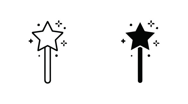 Vector illustration of magic wand icon set, outline and solid style on a transparent background