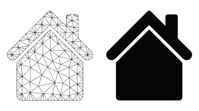 Vector illustration of house icon with wireframe mesh and solid black silhouette on a transparent background