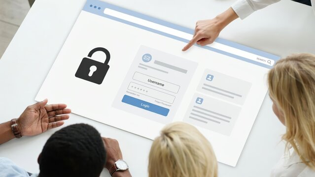 Business team looking at a digital login screen with a padlock on a white table during a collaborative office meeting session together