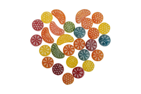 Colorful fruit slice hard candy heart arrangement with sugar coating