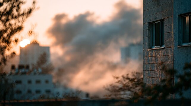 High-key urban sunset scene with warm light, smoke rising behind brick wall and right-side windows, suited for urban lifestyle, cityscape, and cinematic stock themes