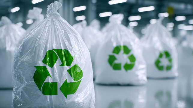 Bags with recycle symbols fill a warehouse space during a recycling operation in a facility focused on waste management efforts