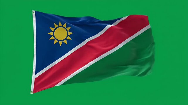 Nation pride waving flag of Namibia with golden sun symbol fluttering in wind against green background