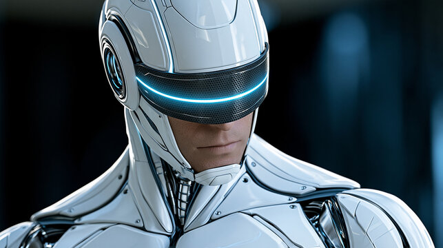 Sleek humanoid AI robot with a luminous visor standing against a dark futuristic background, advanced robotics, artificial intelligence, cyber technology, automation, high-tech