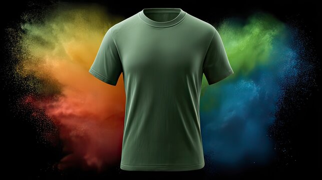 Casual Green T-Shirt Displayed with Vibrant Color Powder Background for Apparel Promotion and Fashion Marketing