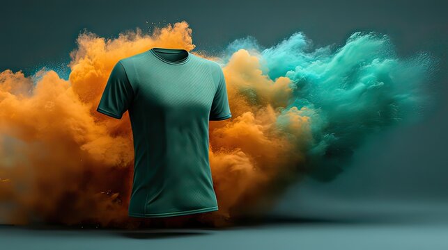 Vibrant T-Shirt Surrounded by Colorful Smoke Clouds in Dynamic Display of Fashion and Style