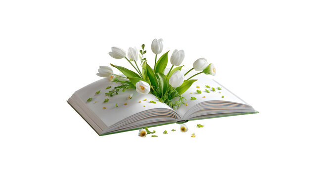 Open book with white tulips and daisies with leaves isolated transparent on transparent background